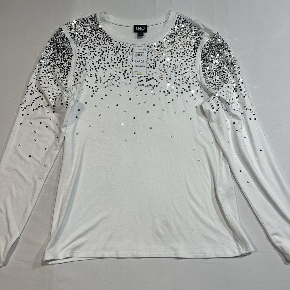 NWT INC International Concepts Women Bright White Sequin Top L READ